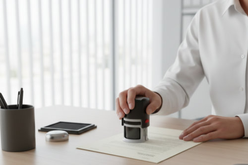 persona colocando sello documento tramite