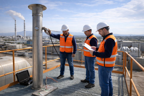Tres personas revisando chimenea